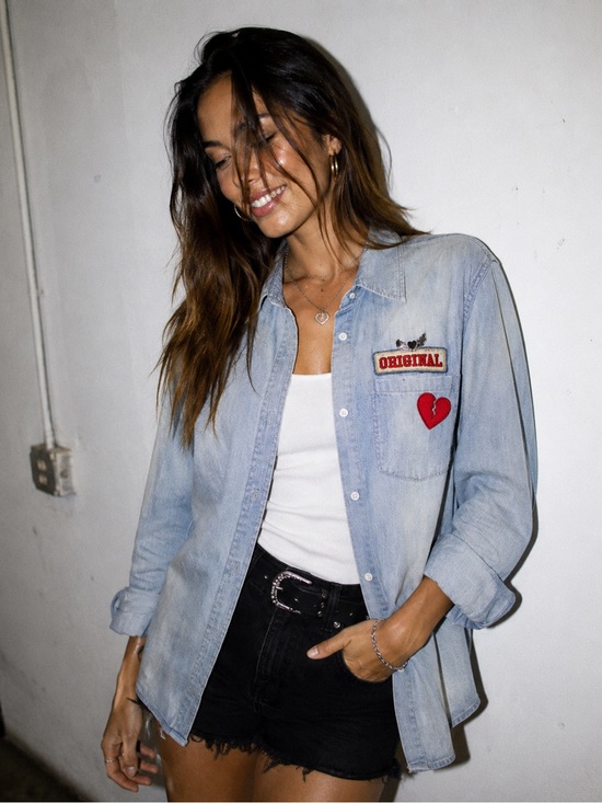 Rails Tops - Rails Chambray Button Down Denim Shirt Heart Patch Distressed Small